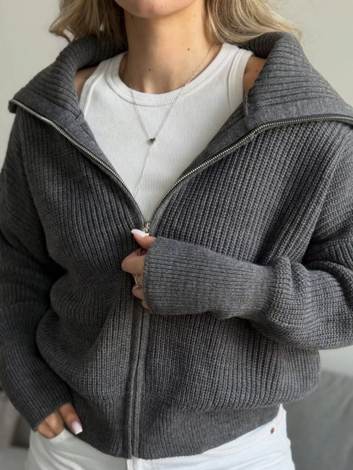 Chunky two-way zip sweater jacket with foldover collar