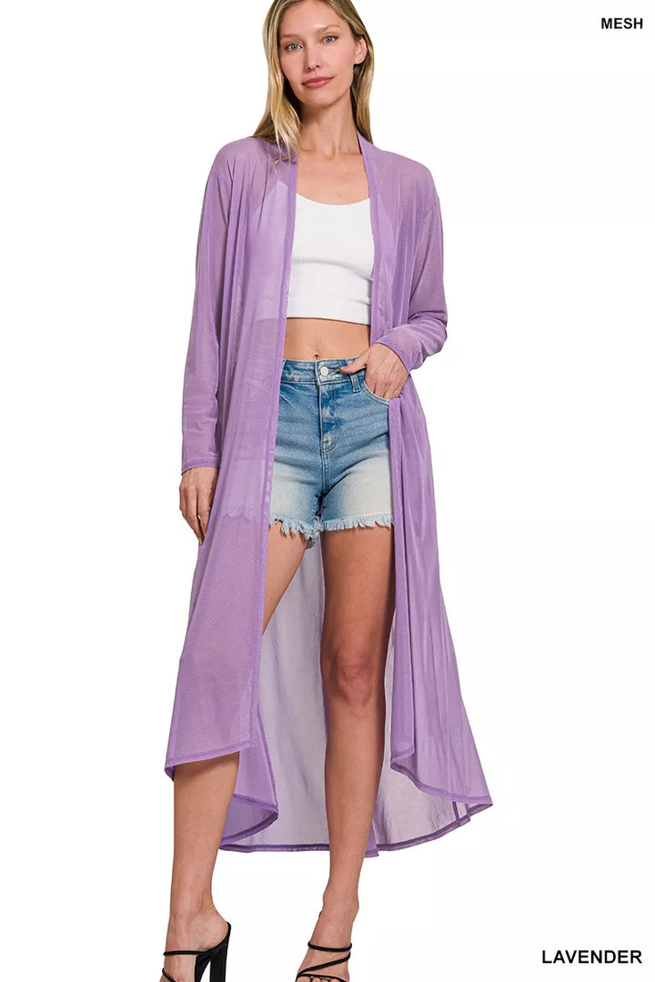 LAVENDER Sheer mesh open-front duster cardigan with long sleeves