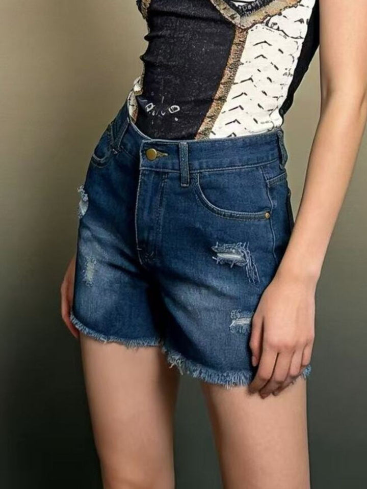 Distressed high-rise denim shorts with frayed raw hem
