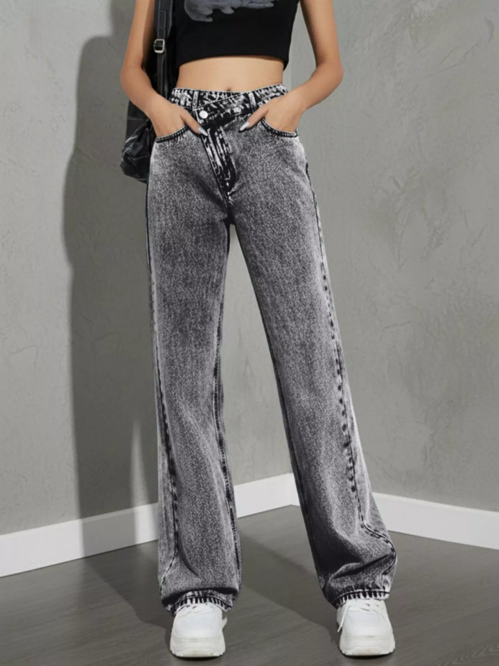 Medium Gray Asymmetric crossover high-rise wide leg jeans