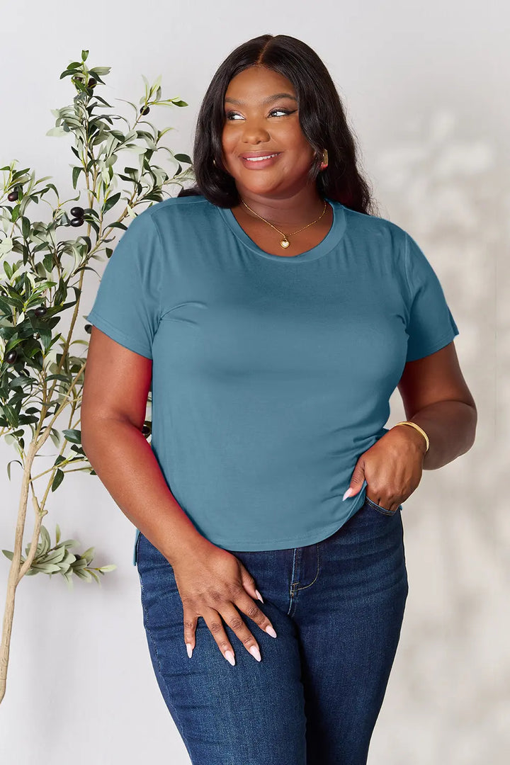 Round neck short sleeve tee in soft rayon knit