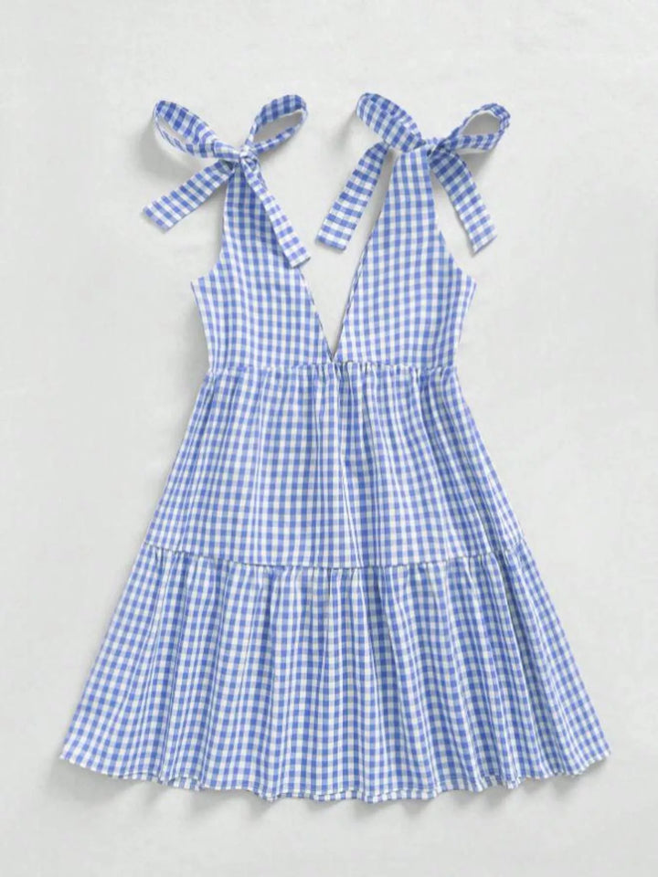 Gingham tie-shoulder ruffle hem mini dress