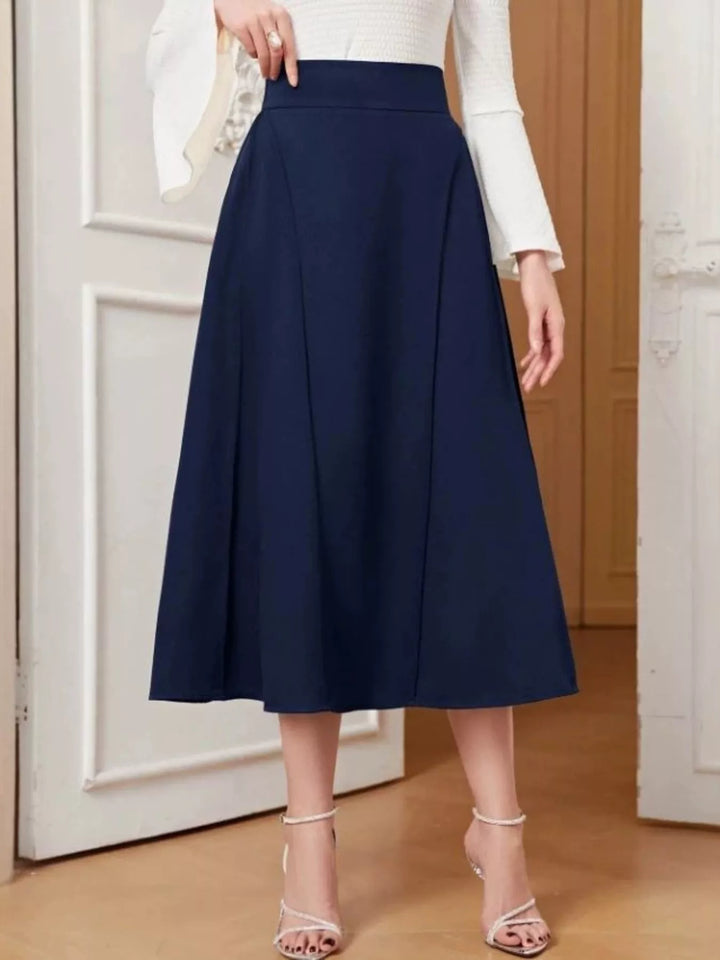 High-waist A-line midi skirt with wide waistband