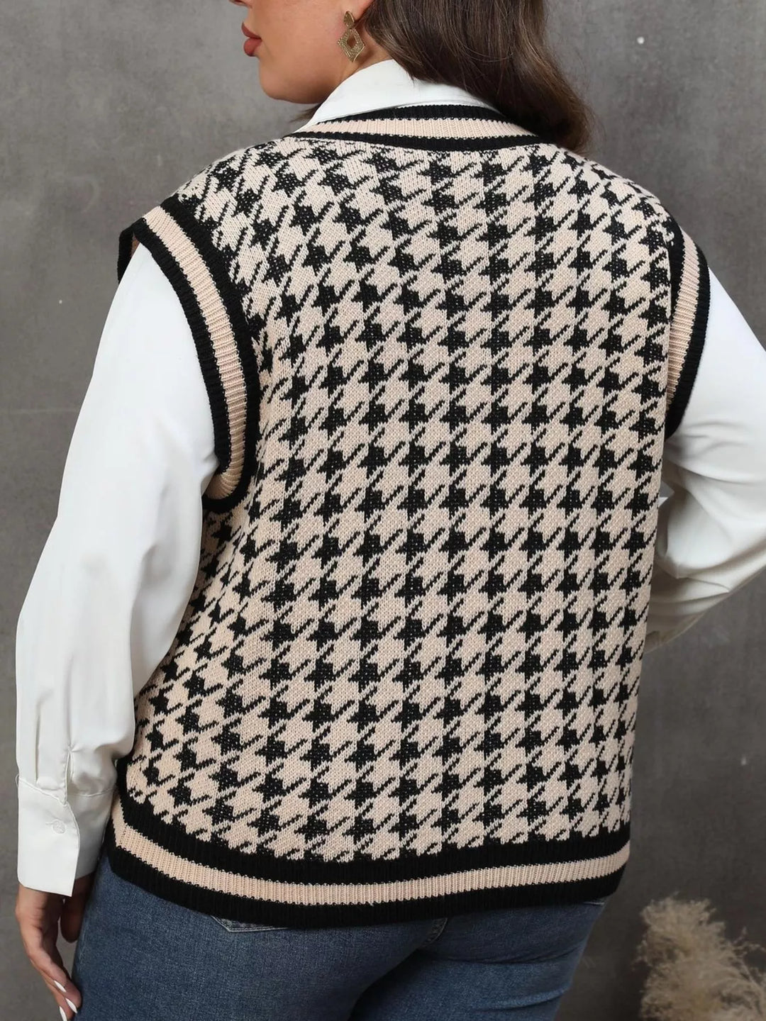 Houndstooth V-neck knit sweater vest with striped rib trim