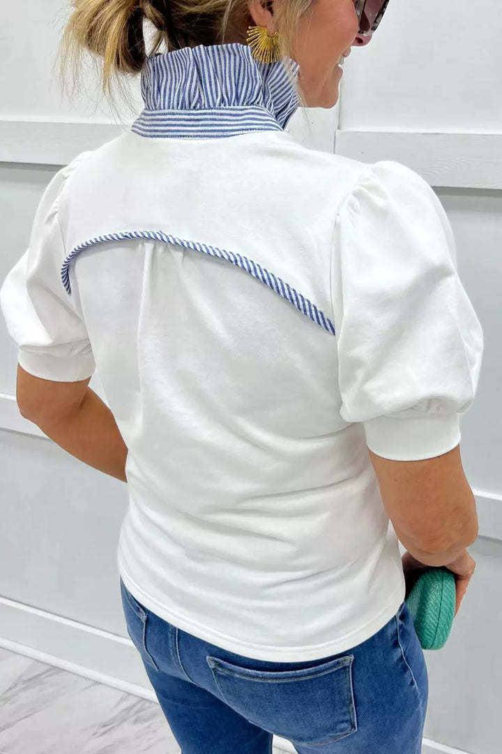 Striped collar puff sleeve button-front blouse
