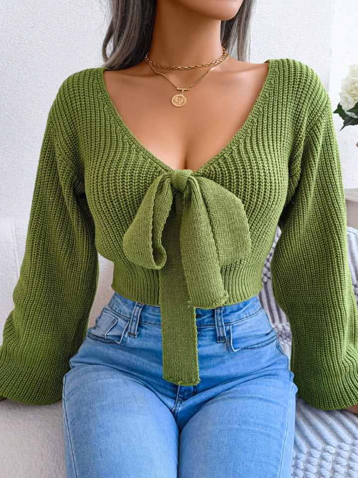 Tie-front ribbed knit cropped sweater with deep V-neck