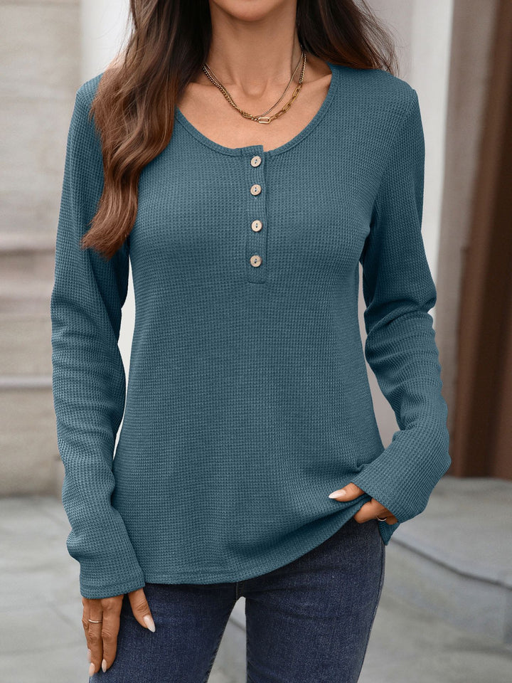 Waffle knit long sleeve henley top with button placket