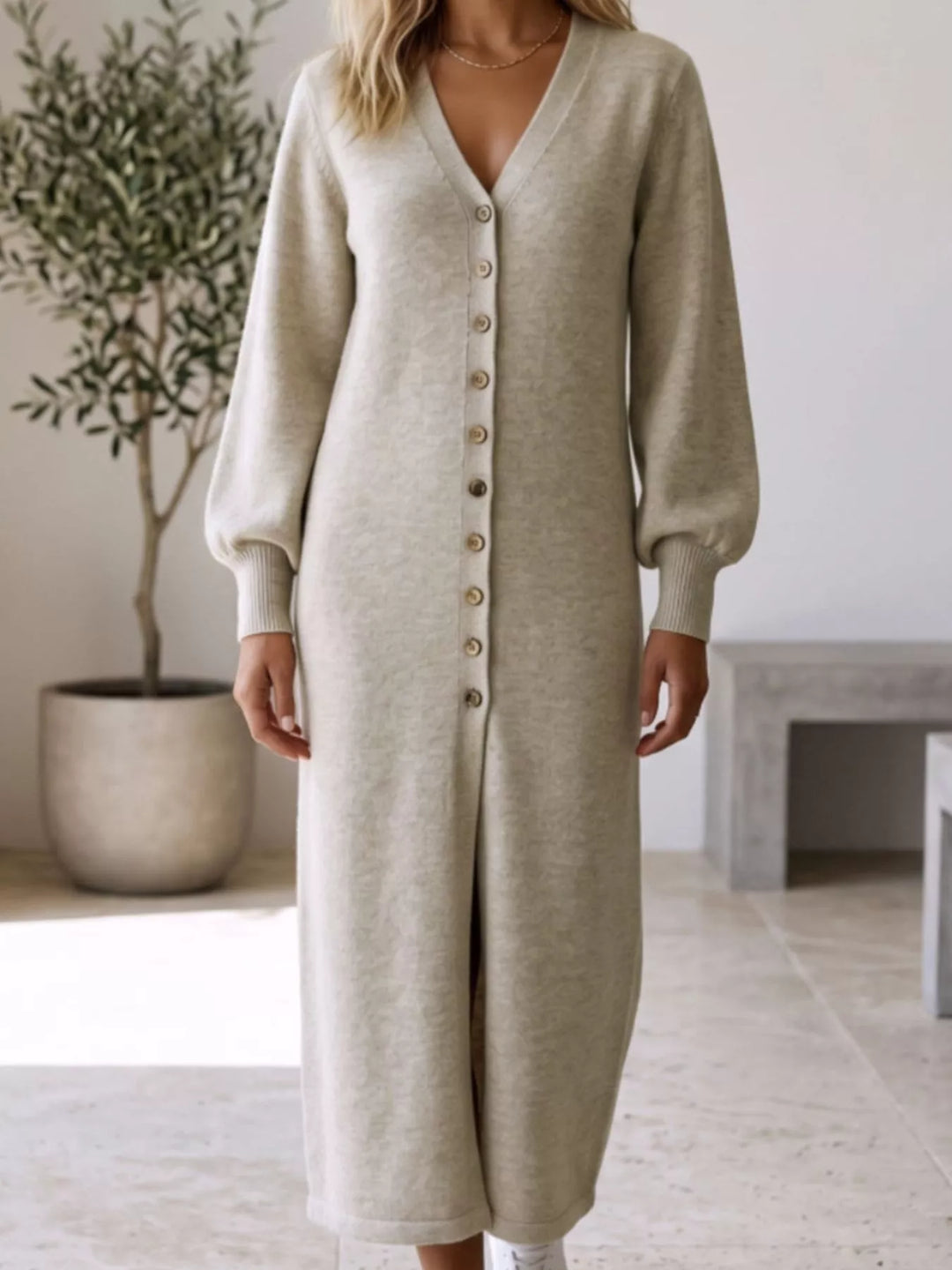 Light Gray Button-front V-neck knit sweater midi dress