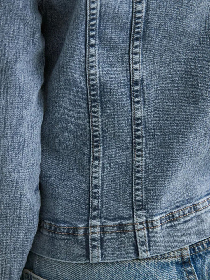 Collarless button-front cropped denim jacket