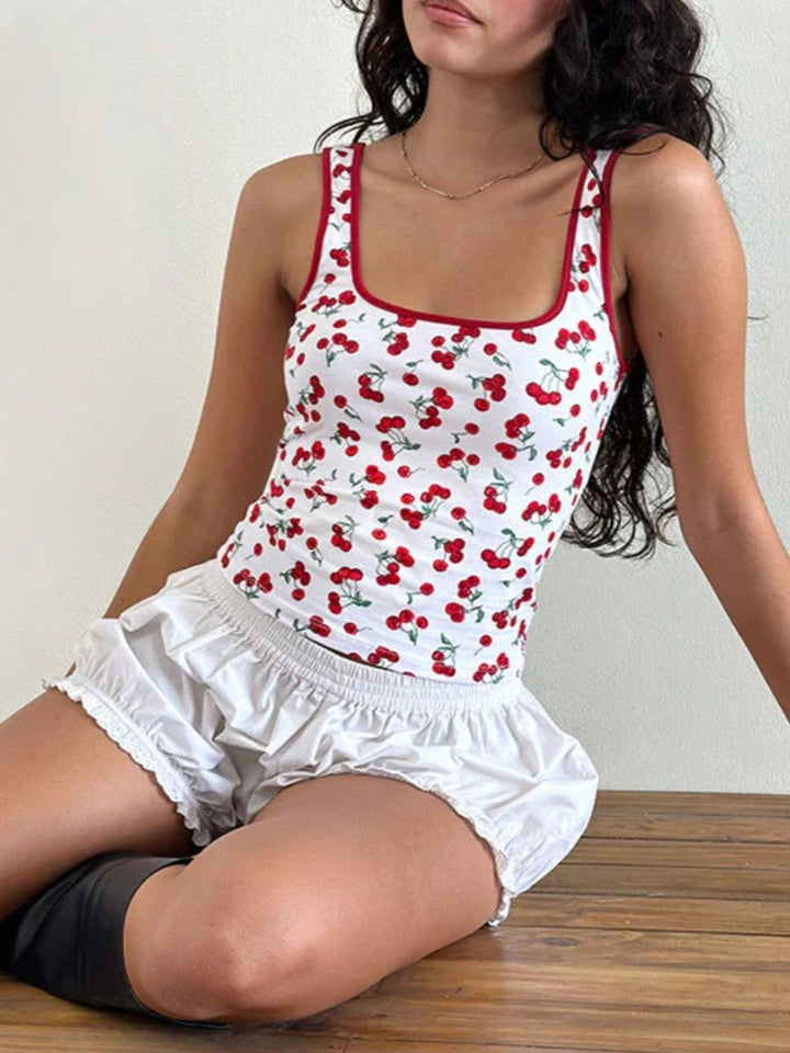 Deep Red Cherry print square neck tank with contrast trim
