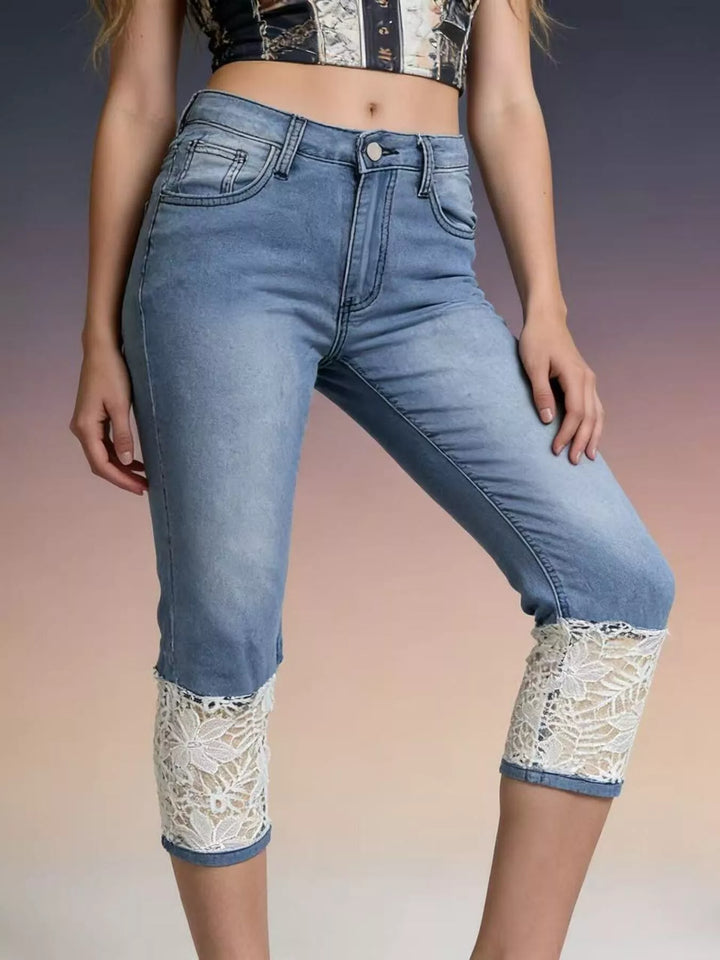 Blue Lace-trim capri jeans with slim mid-rise stretch fit