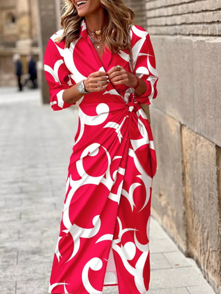 Red Abstract print collared shirt dress with tie waist