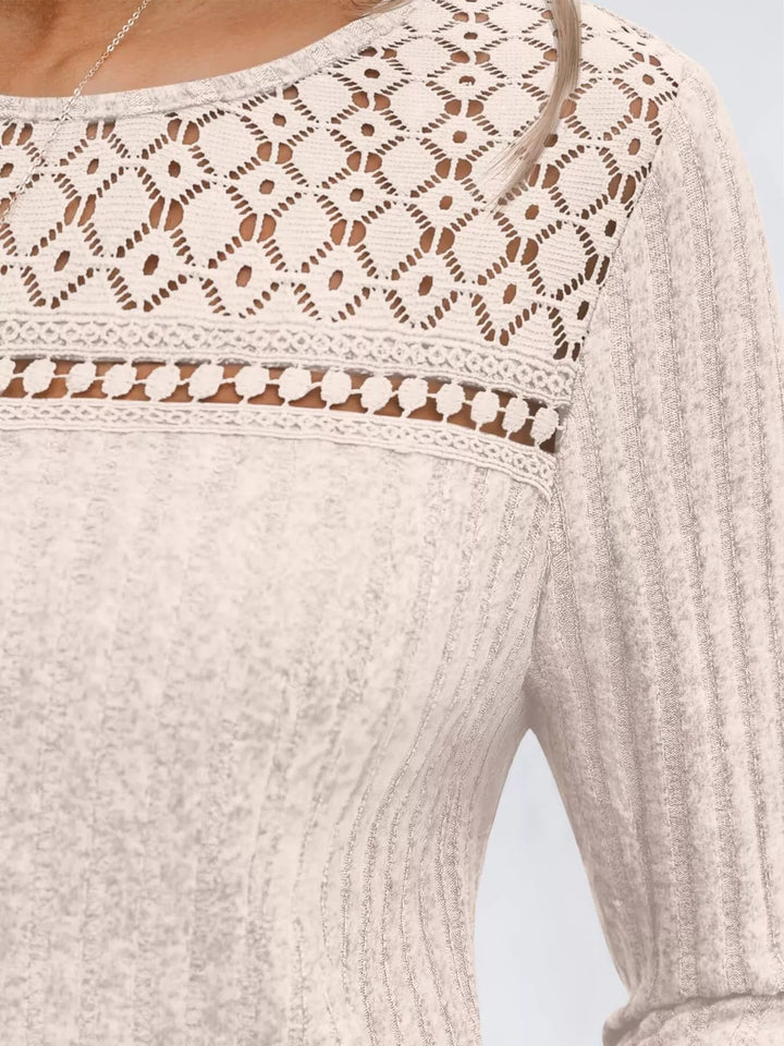 Ribbed knit long sleeve top with lace yoke
