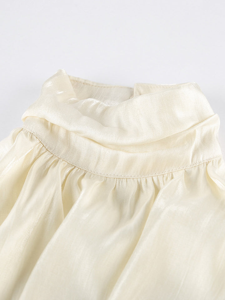 Ruched satin halter top with mock neck and gathered waist