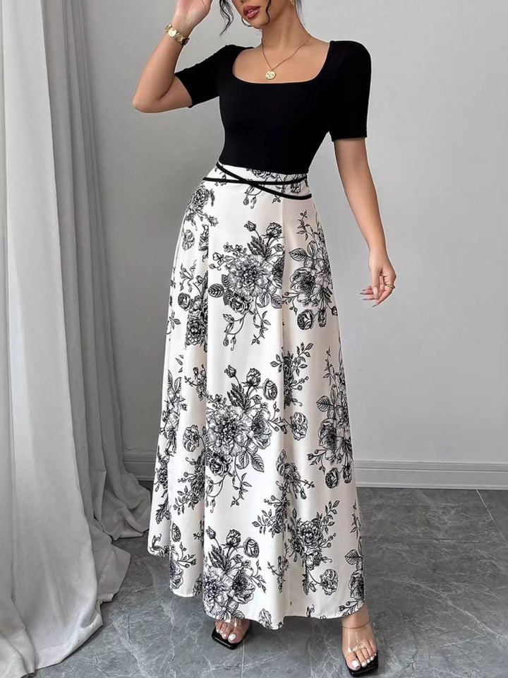 Black Square-neck floral print maxi dress with crisscross waist