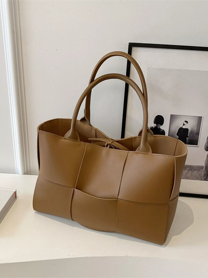 Woven faux leather tote bag with basketweave panels