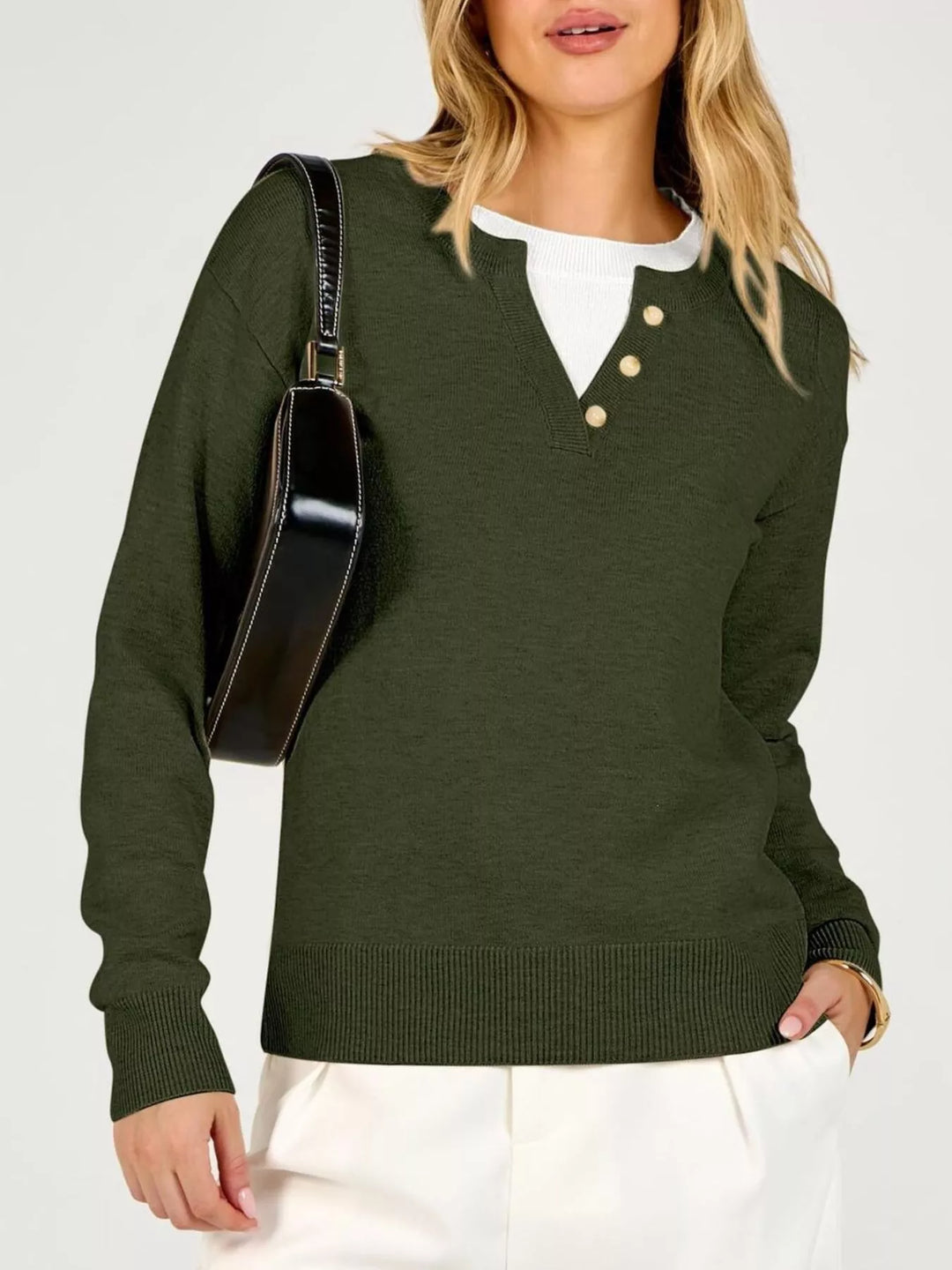 Notch neck button-trim drop shoulder sweater