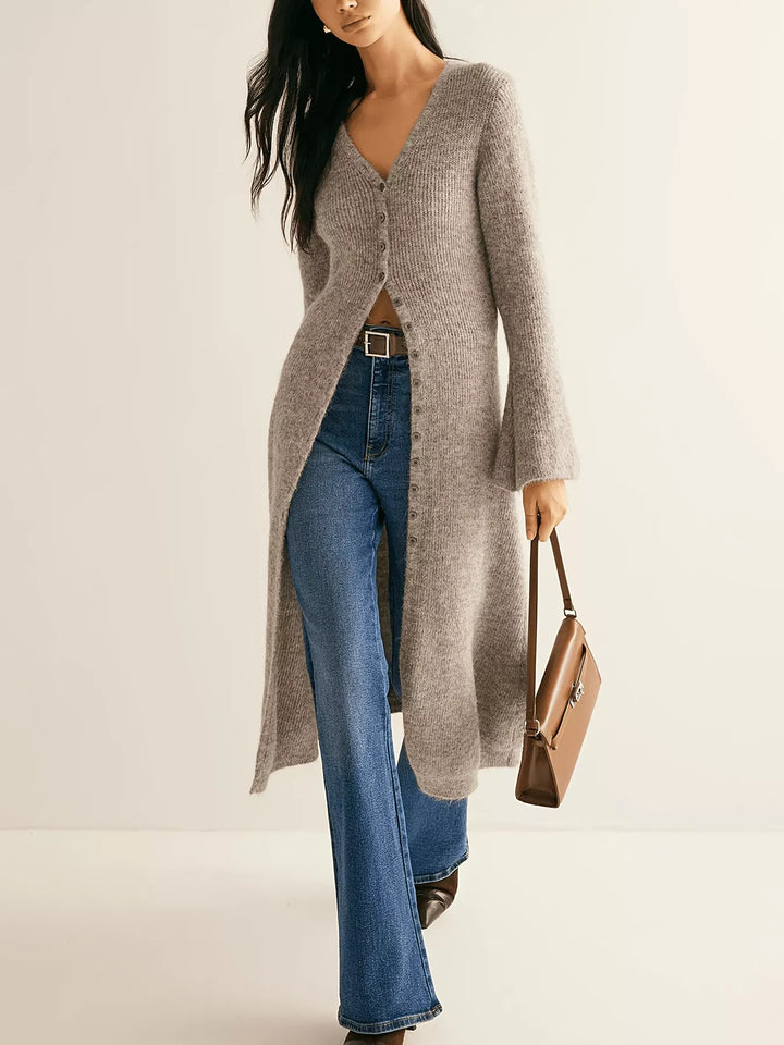 Ribbed knit longline button-down cardigan with bell sleeves