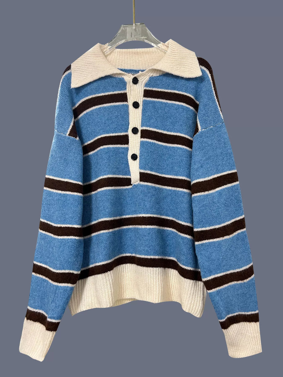Striped henley sweater with ribbed button placket