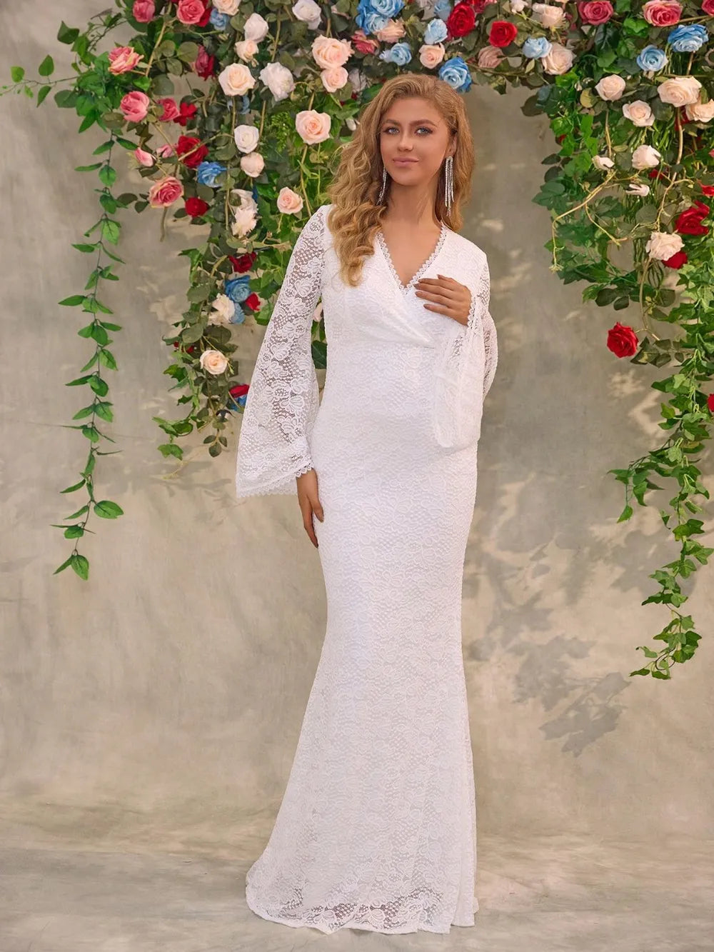 Surplice v-neck lace maxi dress with flare sleeves
