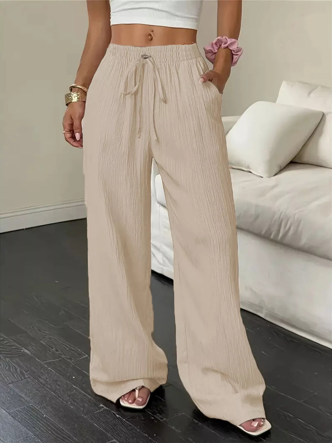 Apricot Crinkle cotton wide-leg drawstring pants with side pockets