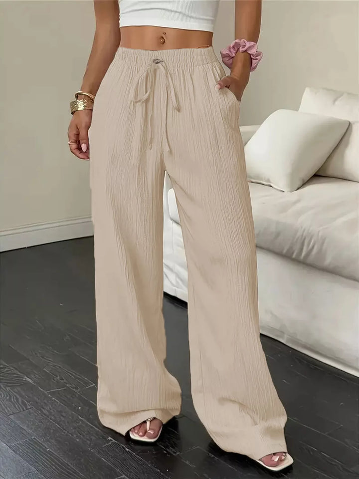 Apricot Crinkle cotton wide-leg drawstring pants with side pockets