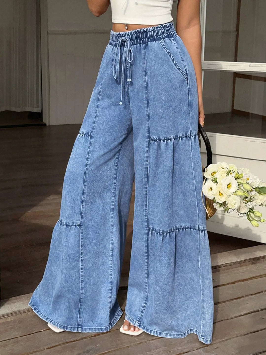 Blue Tiered wide leg denim pants with drawstring waist