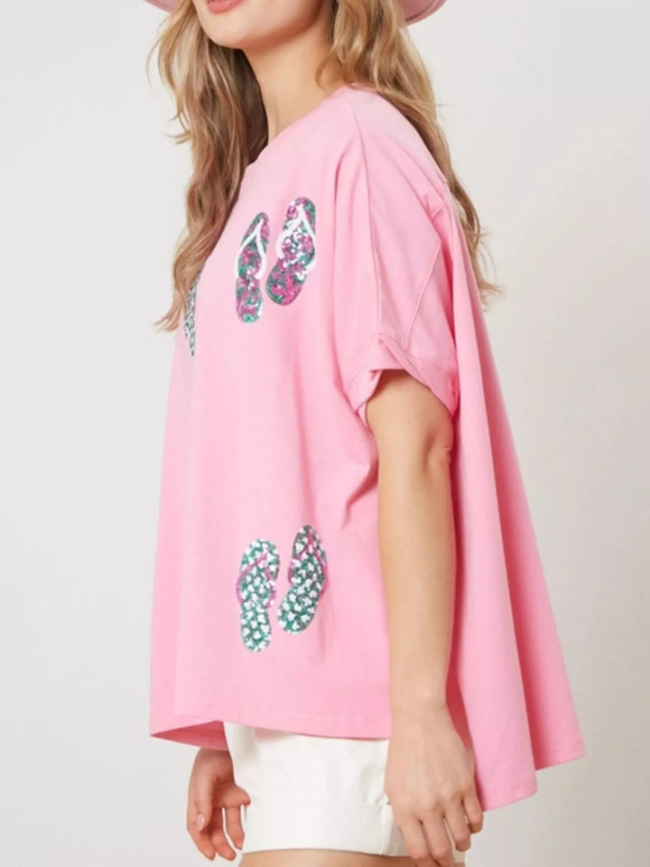 Scattered sequin flip-flop graphic short sleeve tee