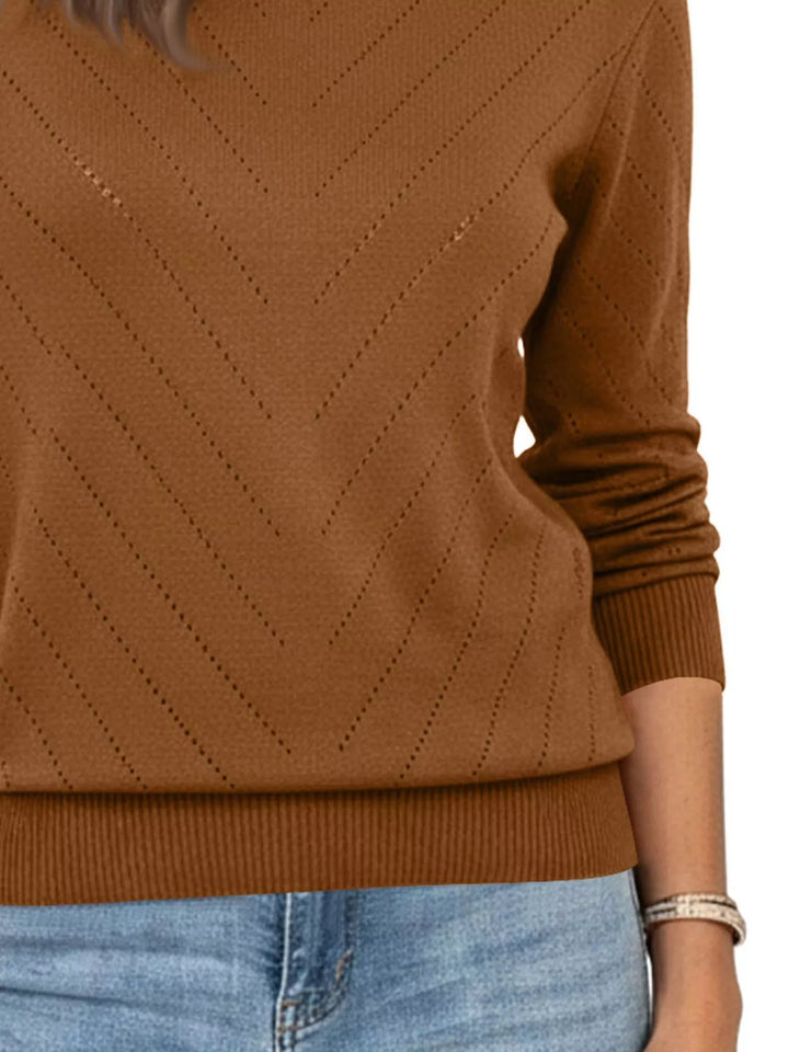 Openwork chevron knit crew neck pullover sweater