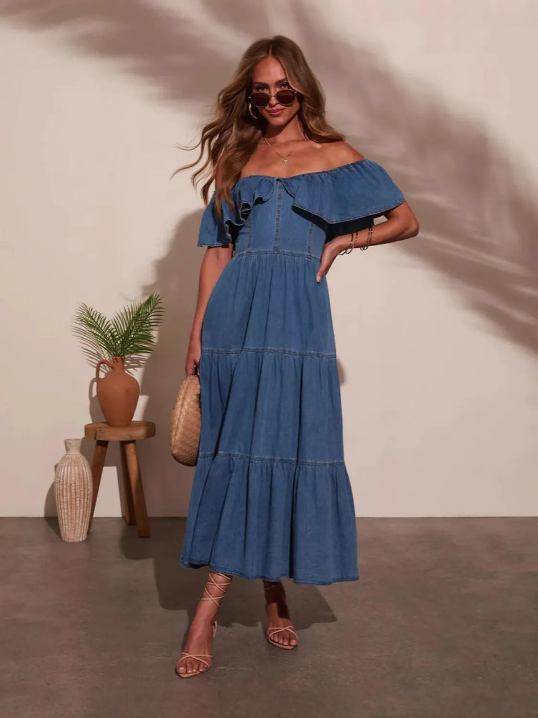 Dark Blue Off-shoulder tiered ruffle denim midi dress
