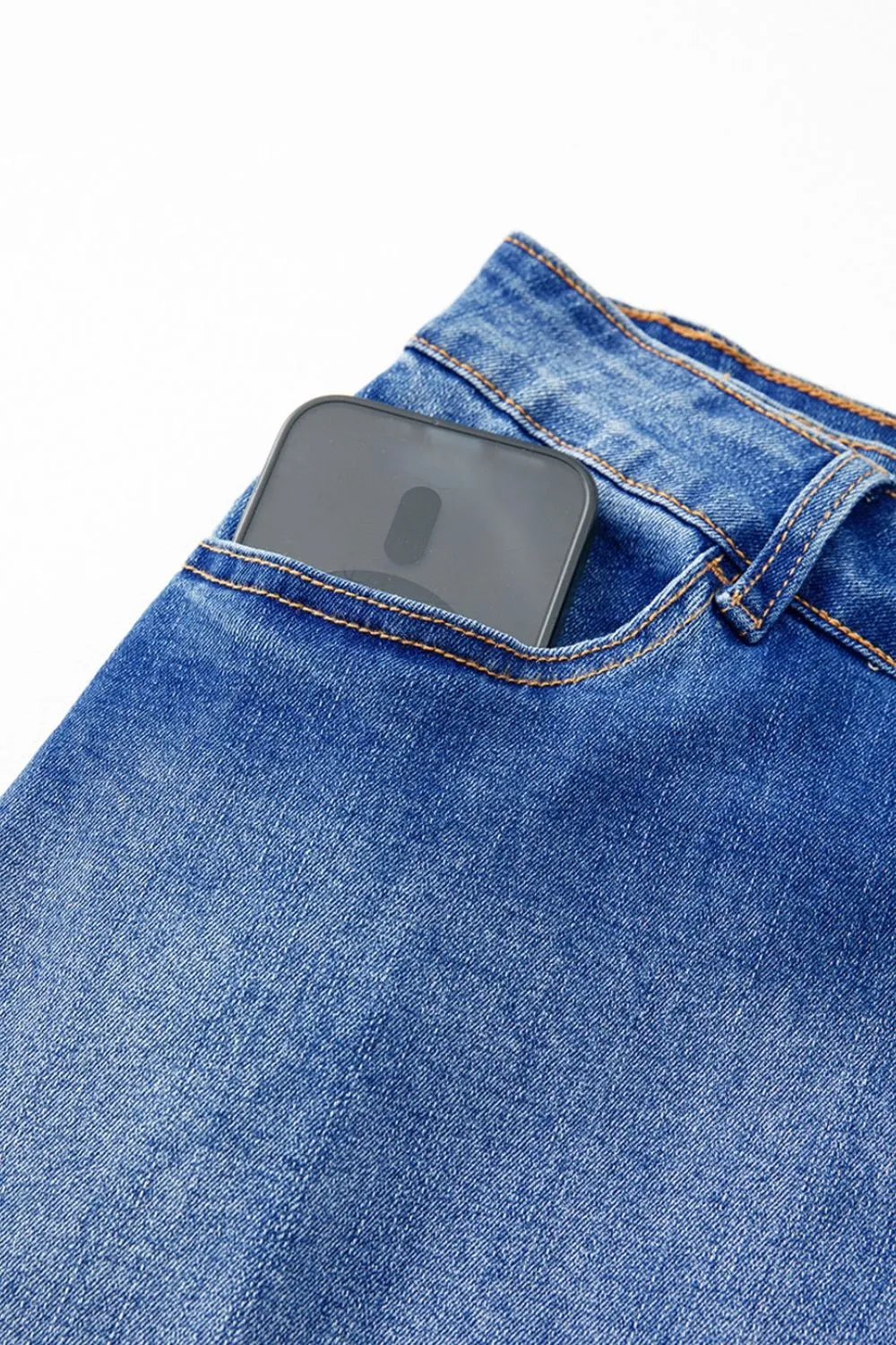 Wrap-front denim mini skirt with angled hem seam
