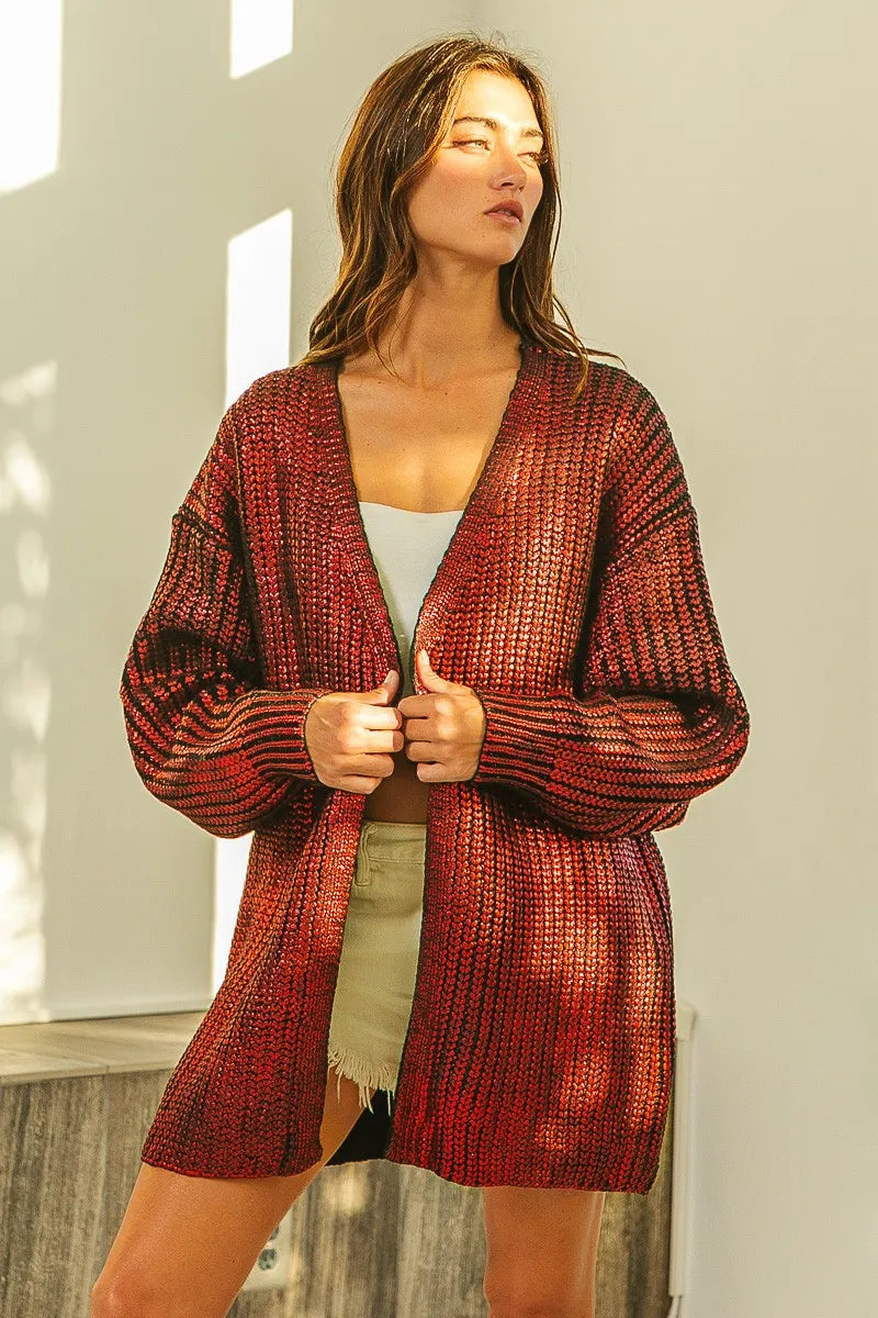 Metallic ribbed knit open-front longline cardigan