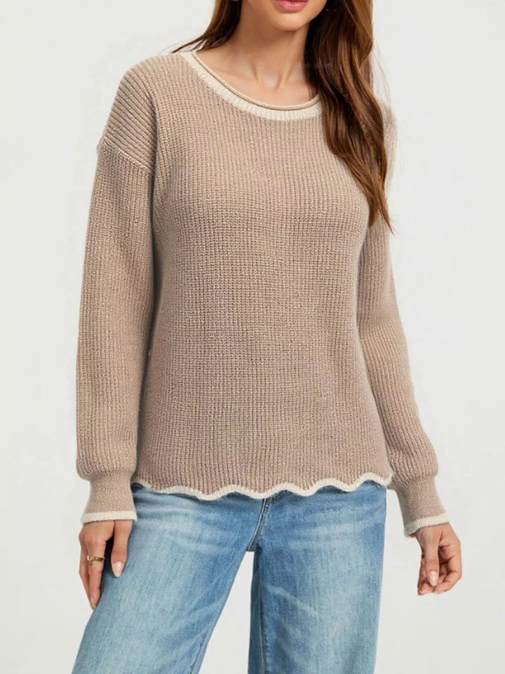 Tan Scalloped hem ribbed knit sweater with contrast trim