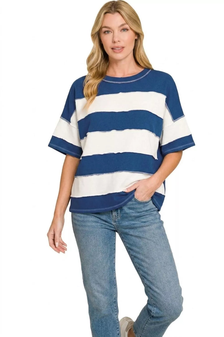 Wide-stripe French terry top with exposed seams and drop shoulders