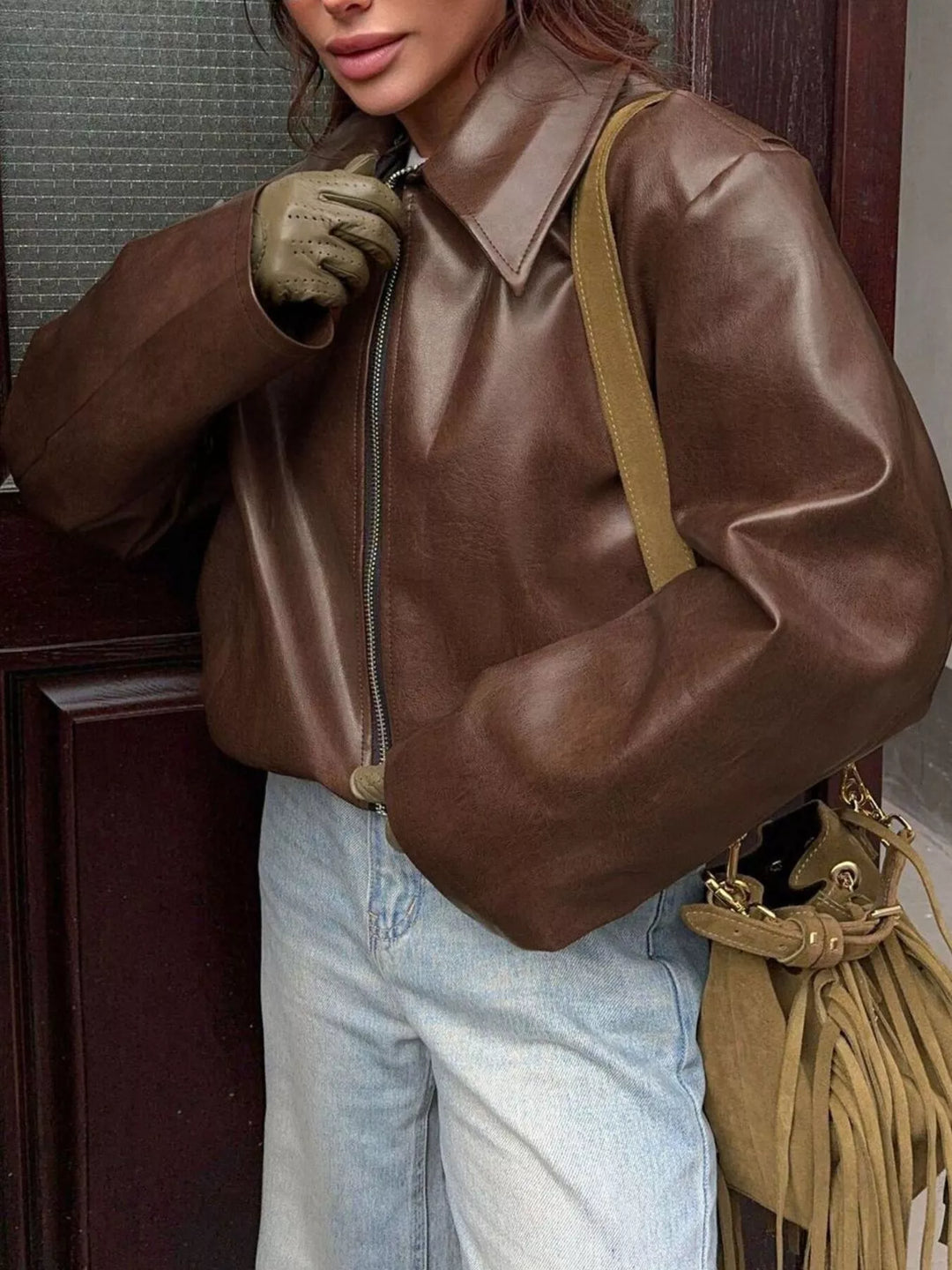 Oversized faux leather zip-up bomber jacket