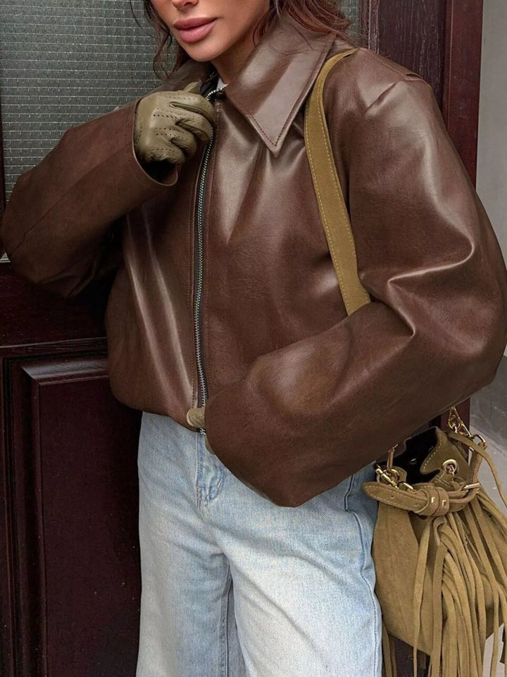 Oversized faux leather zip-up bomber jacket