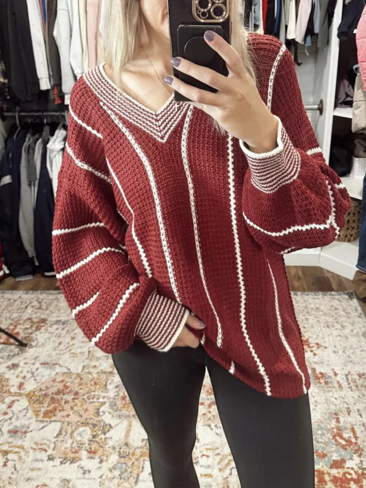 Wine Red Striped V-neck ribbed knit sweater with drop shoulders
