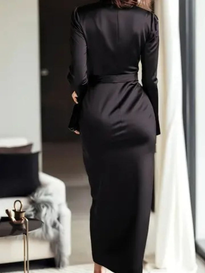 Ruched satin maxi dress with tie waist and long sleeves
