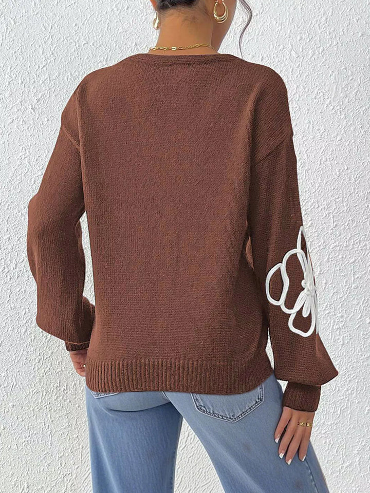 Floral applique V-neck drop shoulder knit sweater