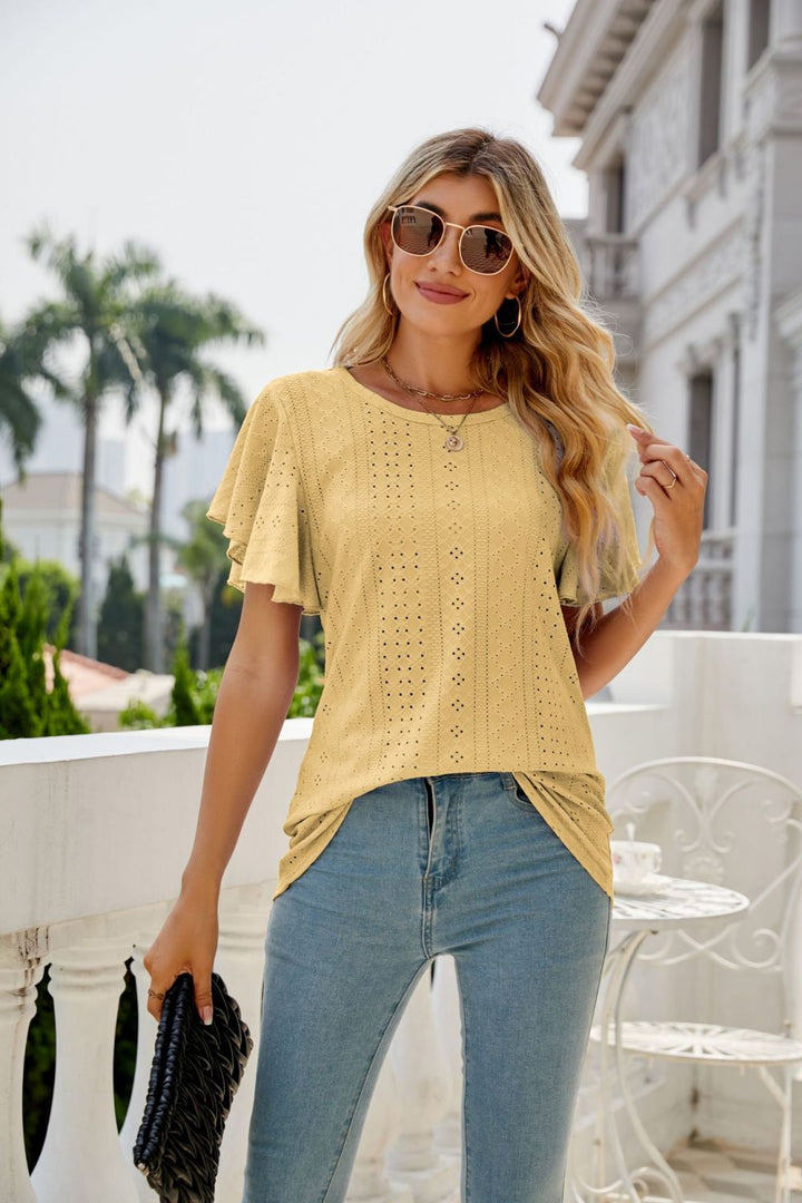 Eyelet knit flutter sleeve round neck top