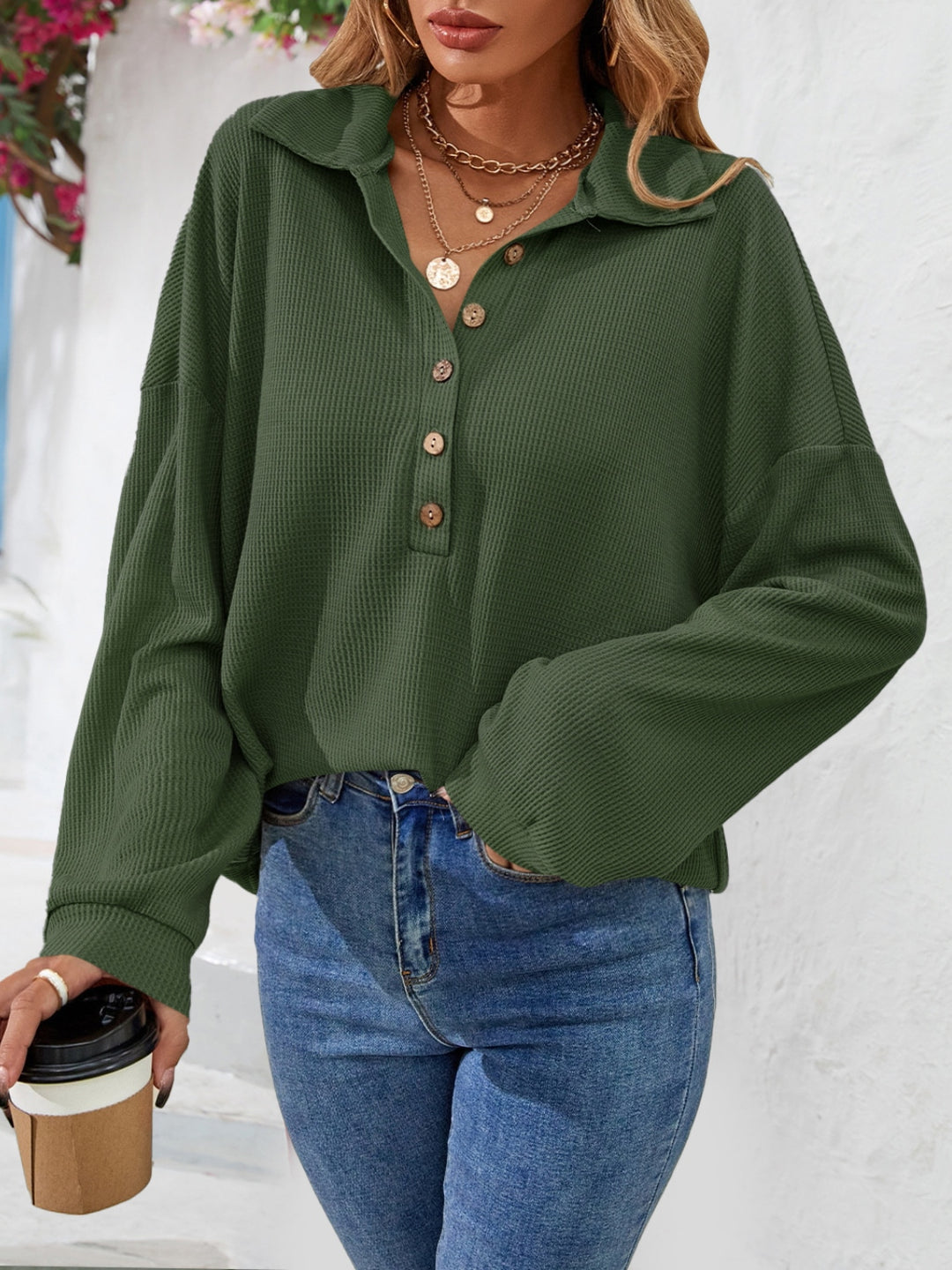 Army Green Waffle knit half-button collared long sleeve top