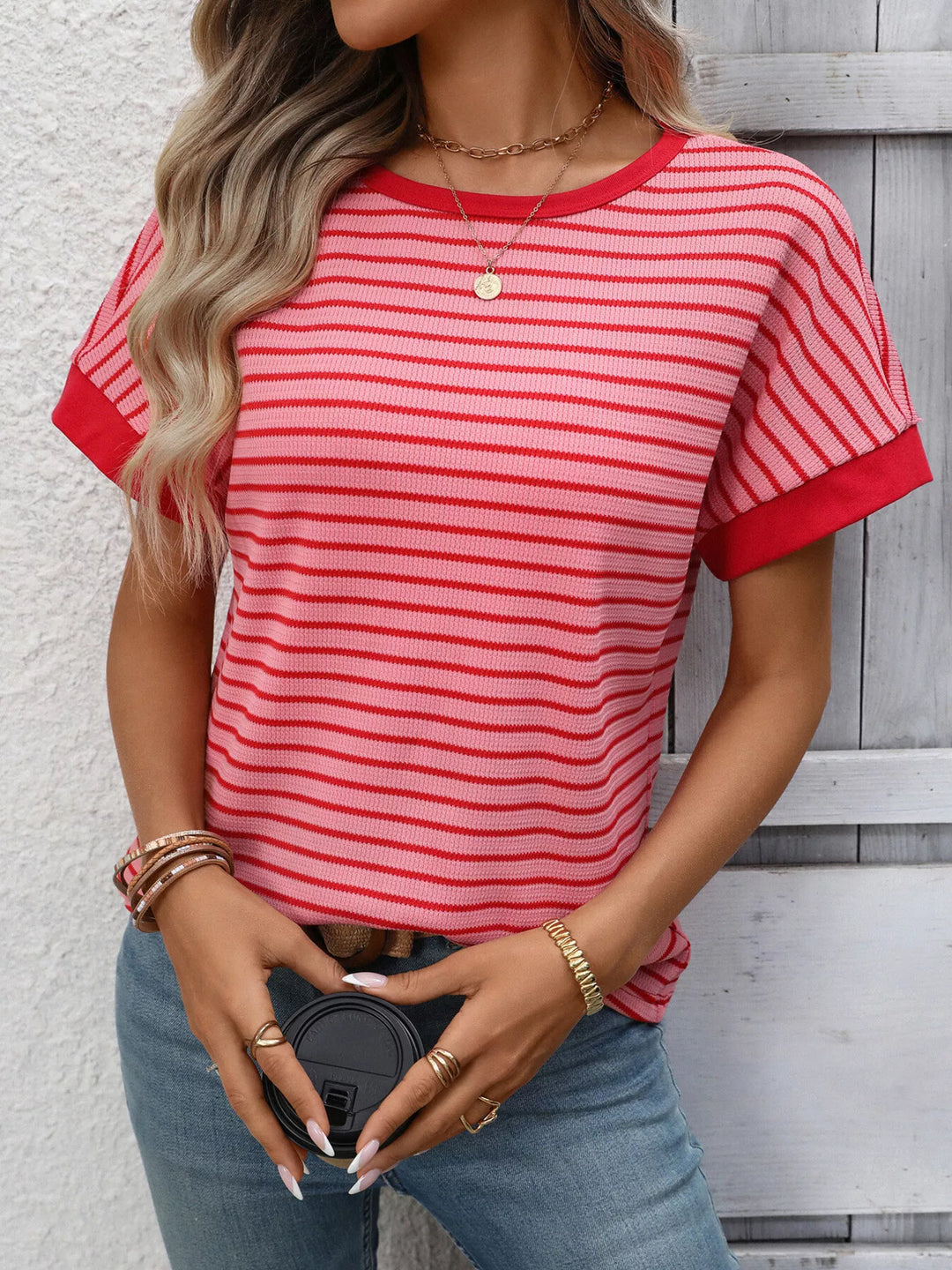Strawberry Striped short sleeve knit tee with contrast trim
