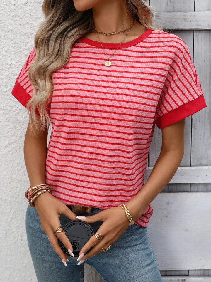Strawberry Striped short sleeve knit tee with contrast trim