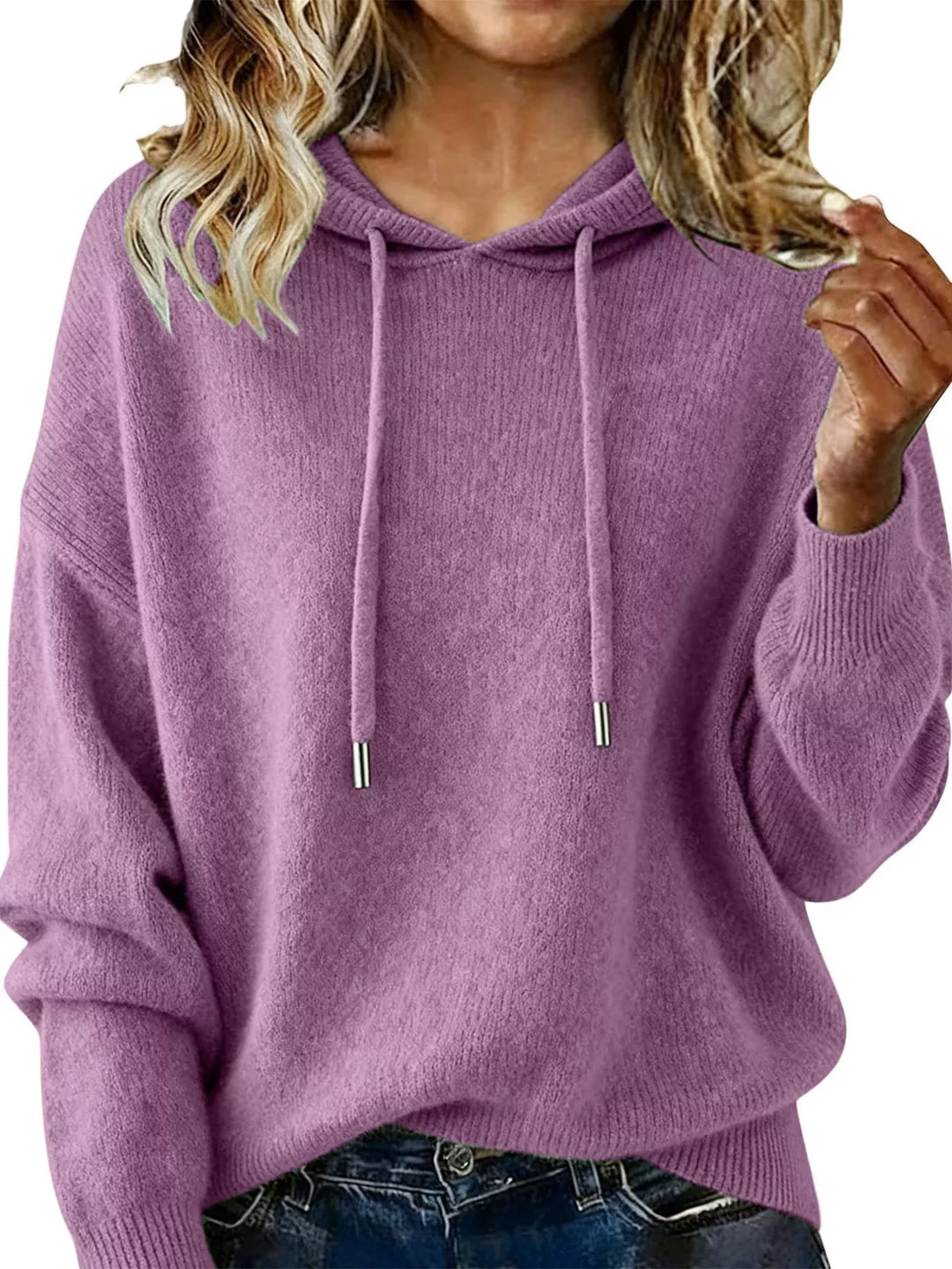 Purple Drawstring hooded knit sweater with ribbed cuffs