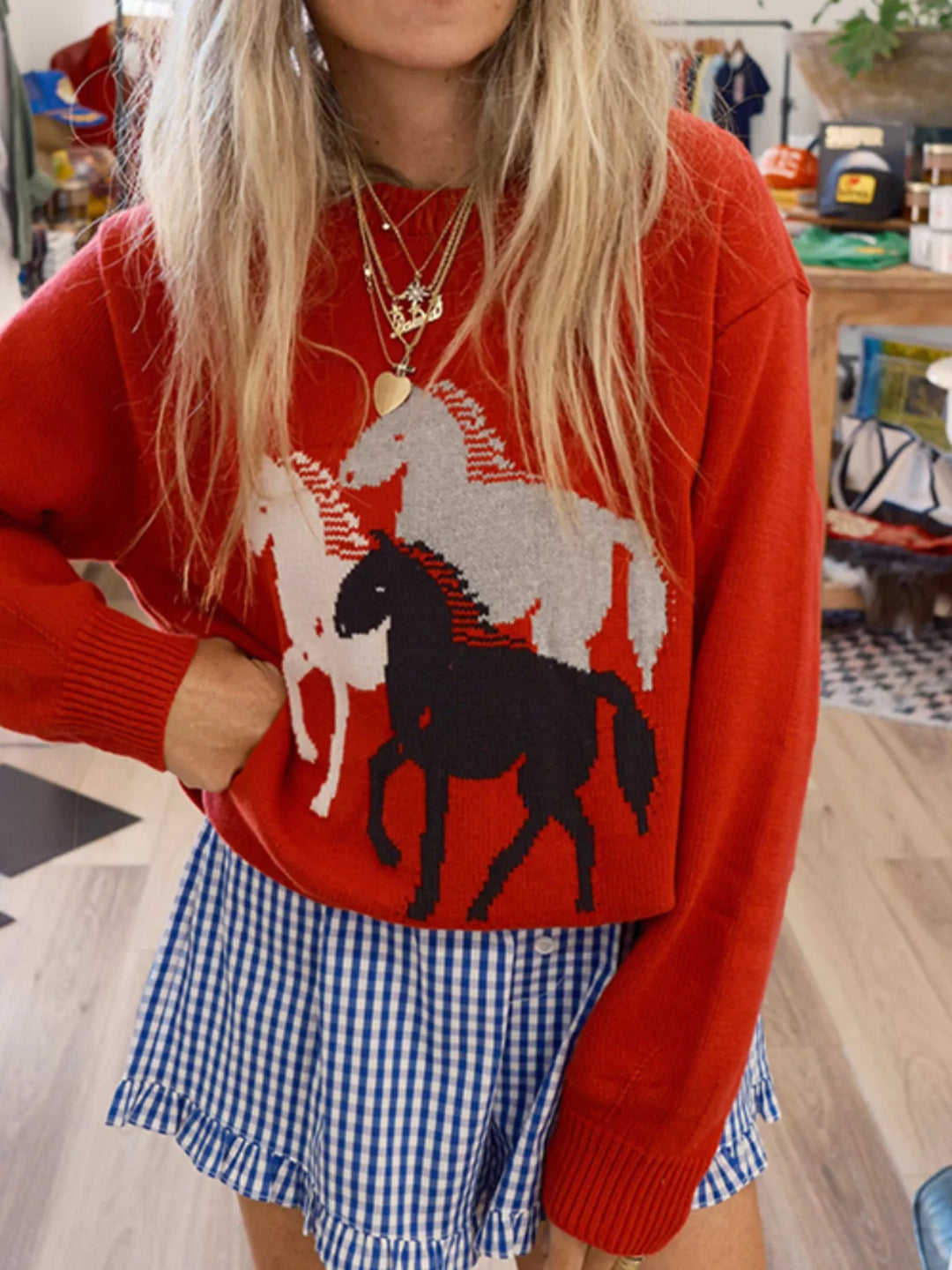 Red Horse graphic long sleeve crew neck knit sweater