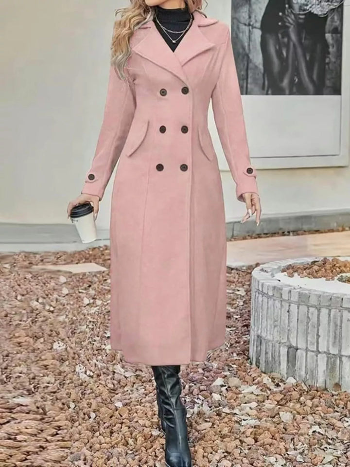 Pink Double-breasted longline trench coat with notch lapels - Tan