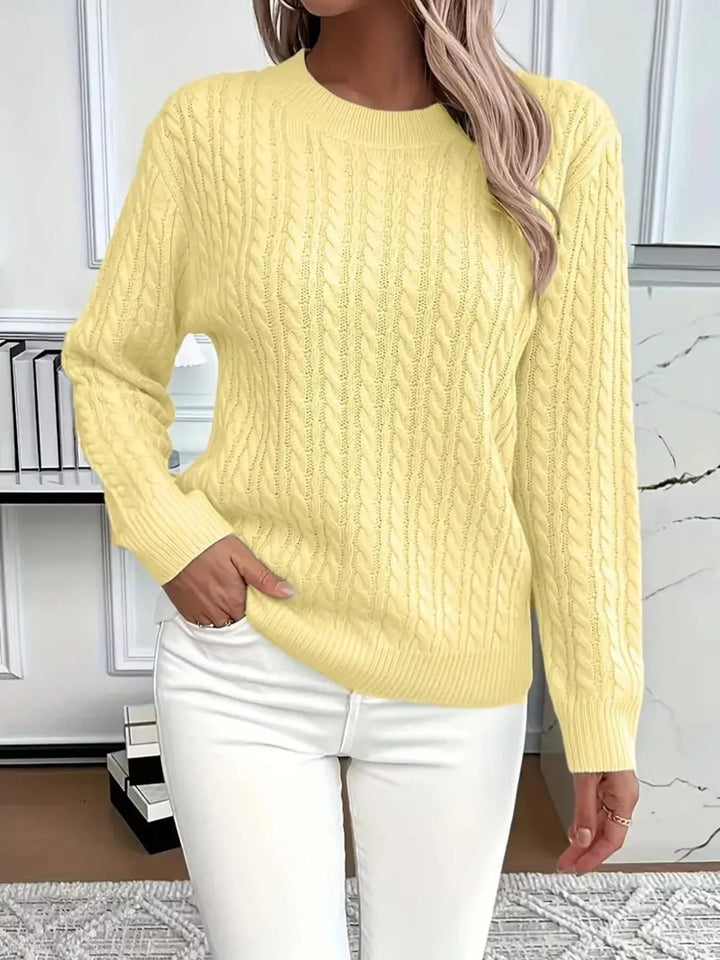 Pastel Yellow Cable knit crew neck pullover sweater with ribbed trim