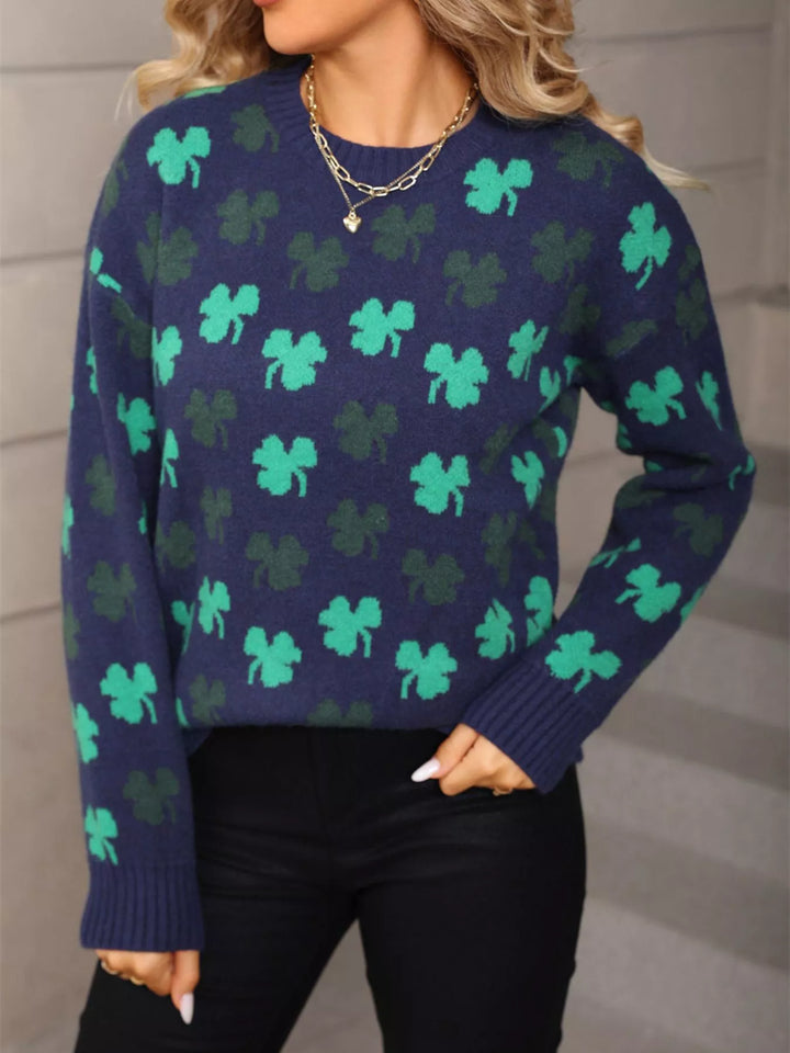 Shamrock print crew neck knit sweater