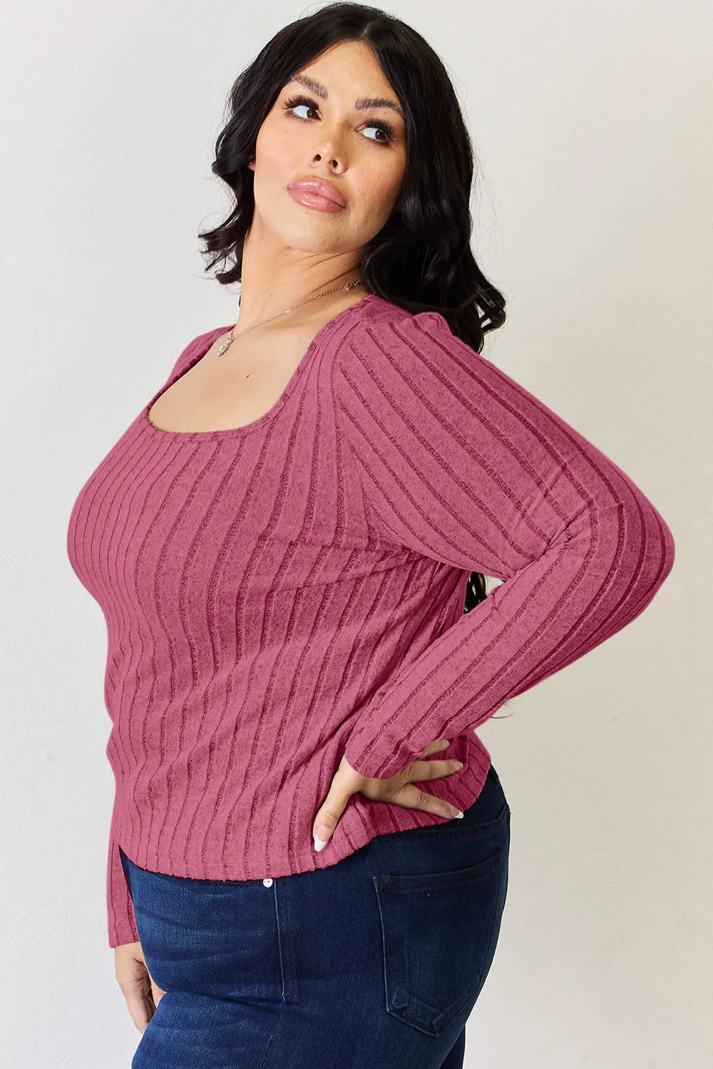 Ribbed scoop neck long sleeve fitted top