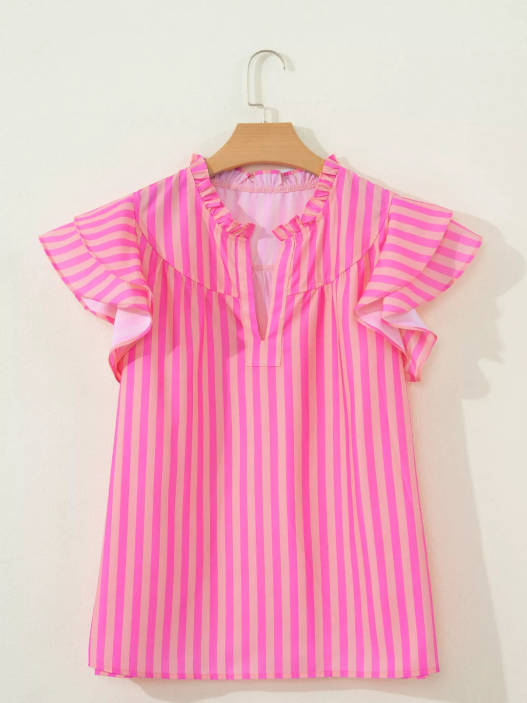 Striped split-neck ruffle-sleeve summer blouse